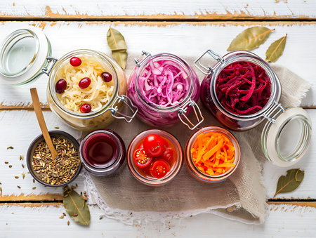 A colorful assortment of fermented vegetables displayed in glass jars sitting on a rustic white wooden table The jars contain sauerkraut with cranberries pickled red onion pickled beetroot fermented tomatoes and shredded carrots A small bowl of seeds sits beside the jars adding to the display of homemade or artisanal goods The arrangement evokes a sense of healthy eating food preservation and culinary creativity The light wooden background enhances the vibrant colors of the pickled vegetables creating an appealing imageの素材