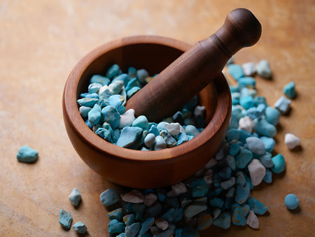 A close up shot depicts a wooden mortar filled with a variety of small turquoise stones along with a dark wooden pestle The stones spill out onto a textured surface that provides a neutral backdrop emphasizing the color and texture of the stones and wood The mortar and pestle set suggests a preparation of natural materials possibly for crafting or holistic practices The soft lighting adds to the calming nature of the image emphasizing natural colors and textures of the wooden bowl and stonesの素材