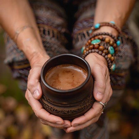 A person is holding a ceramic mug with a hot chocolatey beverage in both hands The mug has earthy tones and ornate carvings etched into its surface The person is wearing bracelets featuring wooden beads and turquoise stones The background is blurred suggesting the subject is out in nature with dappled lighting and earthy tones The image has a bohemian lifestyle feel warm and comforting invoking feelings of relaxation and appreciation for natural beautyの素材