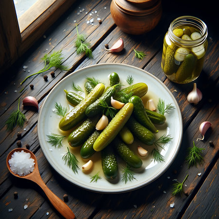 A tantalizing plate of homemade pickles resting on a rustic wooden table is featured in a captivating still life image The pickles are adorned with fresh dill sprigs and garlic cloves creating a symphony of flavors and aromas A jar of pickled cucumbers sits nearby showcasing the process of preserving these crunchy delights A spoonful of coarse salt adds a finishing touch highlighting the essential ingredient in this culinary masterpiece The dark wooden background enhances the natural beauty of the ingredients and creates a warm inviting ambiance perfect for highlighting traditional recipes or food preservation techniquesの素材