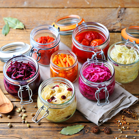 This photo features a rustic wooden table covered with glass jars filled with an assortment of brightly colored pickled vegetables The jars contain red cabbage carrots sauerkraut and red tomatoes each displaying a unique texture and color The composition is enhanced by scattered spices bay leaves and a wooden spoon adding to the homemade and natural aesthetic The overall tone suggests preservation culinary skill and wholesome eating perfect for foodrelated projects or blog postsの素材