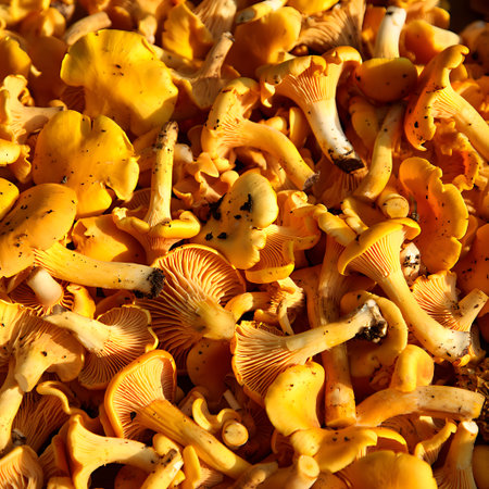 A vibrant and closeup view of a large pile of freshly picked chanterelle mushrooms The mushrooms are various shades of yellow and orange showing their natural beauty and texture Some have dirt spots evidence of their recent harvest Their unique shape and gills are clearly visible They are ready to be cleaned and prepared for a delicious meal The sunny color evokes a feeling of abundance and culinary possibilities The image conveys the charm of forest foraging and the excitement of cooking with fresh natural ingredientsの素材