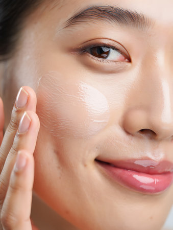 A woman applying moisturizer to her face with her finger isolated on a transparent backgroundの素材