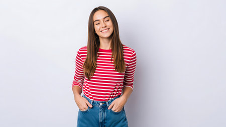 A young woman with long brown hair smiles while standing against a plain background She wears a red and white striped shirt and blue jeansの素材