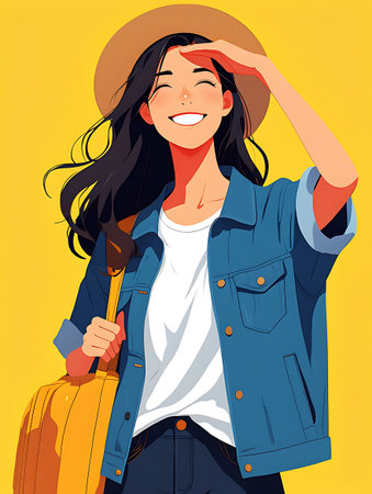 A cheerful woman wearing a hat and denim jacket smiles while holding a suitcase isolated on a transparent backgroundの素材