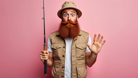 A man with a red beard and mustache holds a fishing rod and waves his hand while looking surprised He wears a safari hat and vest against a pink backgroundの素材