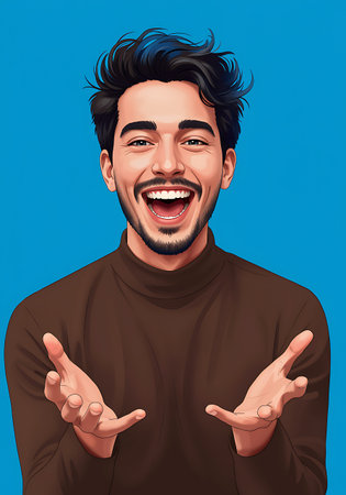 A cheerful young man with dark hair and beard laughs heartily with his hands raised isolated on a blue backgroundの素材