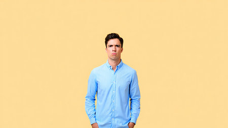 A young man wearing a light blue shirt stands confidently against a plain yellow backgroundの素材