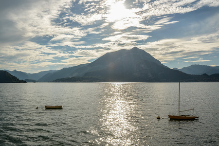 Two boats on Como lake near Varennaの写真素材