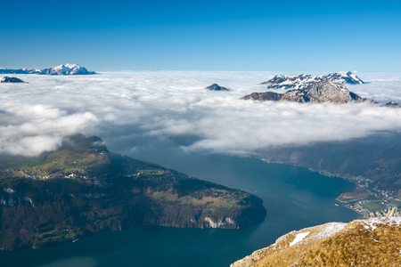 Lake Lucerne in Swiss Alps with two dominant peaks in background - Mount Rigi and Pilatusの写真素材