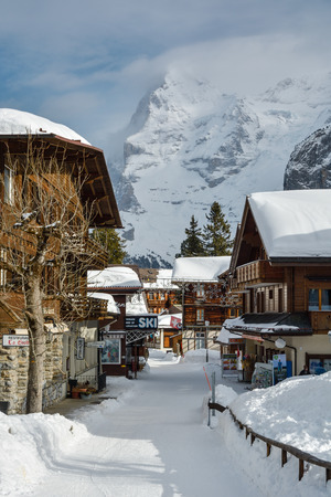 MURREN, SWITZERLAND - FEBRUARY 4, 2018: Main street in small village of Murren in Bernese Alps, Switzerland during the winter season of 2018. Village is popular tourist destination. The majestic peak of Eiger can be seen above the village as wellのeditorial素材