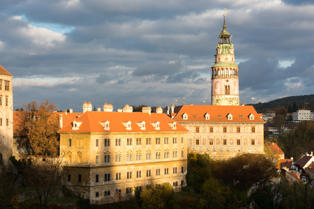 Castle in Cesky Krumlov city with very dramatic lightningの写真素材