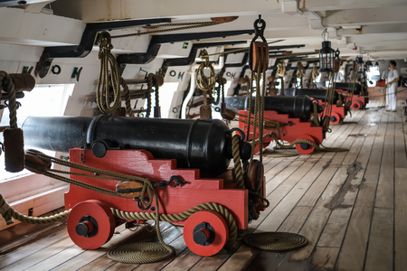 Cacilhas, Portugal - April 21, 2018: Interior of frigate D. Fernando II e Gloria in Cacilhas, Portugal in April 2018. This old ship serves now as museumのeditorial素材