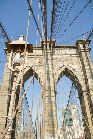 New York City, USA - October 4, 2018: View on Brooklyn bridge and on skycrapers behind in New York City during sunny day in autumn 2018のeditorial素材