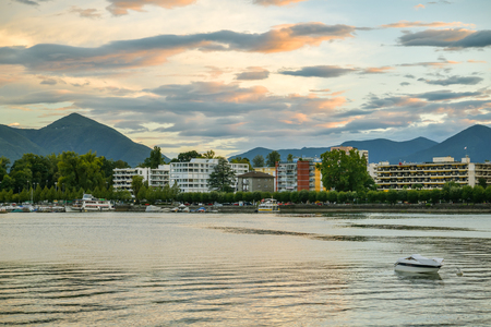 Locarno, Switzerland - September 1, 2018: Hotels near Lago Maggiore in Locarno, Switzerland during summer 2018のeditorial素材