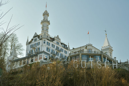 Luzern, Switzerland - March 24, 2019: Chateau Gutsch, old hotel above the city of Luzern in Switzerland during sunny day in spring 2019のeditorial素材