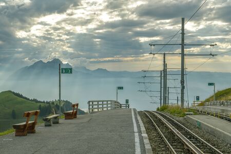 Rigi Kulm Switzerland - September 22, 2019: Train station on top of Mount Rigi in canton of Schwyz in Switzerland during cloudy day in September 2019のeditorial素材