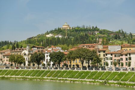 Verona, Italy - April 22, 2019: Hilltop church & sanctuary above Adige river in city of Verona, Italy during spring day 2019のeditorial素材
