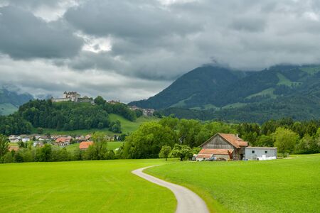 Beautiful look on Chateau de Gruyeres castle in small city of Gruyeres in canton of Fribourg, Switzerlandのeditorial素材