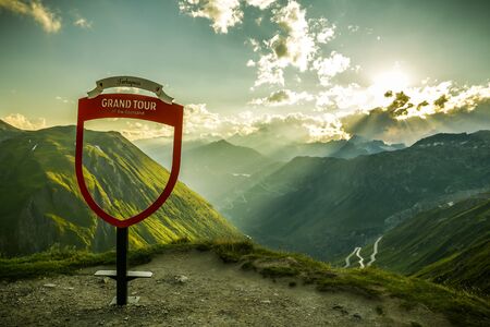 Furkapass, Switzerland - August 18, 2019: One of the many stops on Grand Tour of Swizerland located on Furkapass mountain road close to Obergoms, Switzerland during beautiful evening in summer 2019のeditorial素材