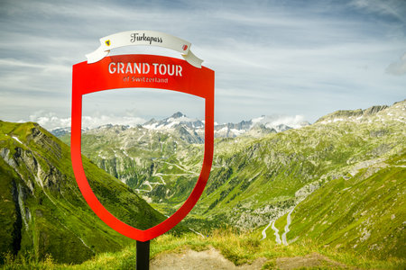 Furkapass, Switzerland - August 16, 2019: Metal frame indicating point of interest on popular Grand...