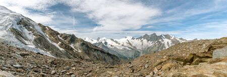 Panoramic view on Fee glacier located above the Saas-Fee village in southern part of Switzerlandの写真素材