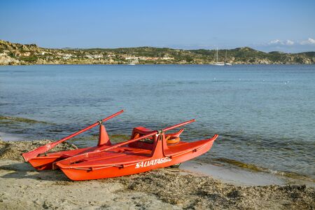Rescue boat empty beach close to Capo Testa in Sardinia, Italyの写真素材