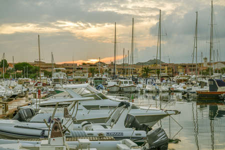 Palau, Italy - August 28, 2019: Harbor in small city of Palau in northern part of Sardinia, Italy during cloudy evening in August 2019のeditorial素材
