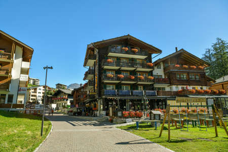 Saas-Fee, Switzerland - August 18, 2019: People enjoying beautiful sunny day in Saas-Fee in Switzerland during August 2019のeditorial素材