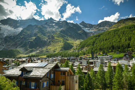 Saas-Fee, Switzerland - August 18, 2019: Beautiful view on Saas-Fee village in Swiss Alps during sunny and hot day in August 2019のeditorial素材