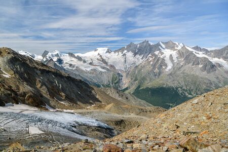 Beautiful views on Fee glacier and surrounding massive above Saas-Fee village in Switzerlandの写真素材
