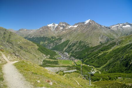 View on Saas-Fee village in Saas valley in southern part of Swiss Alpsの写真素材