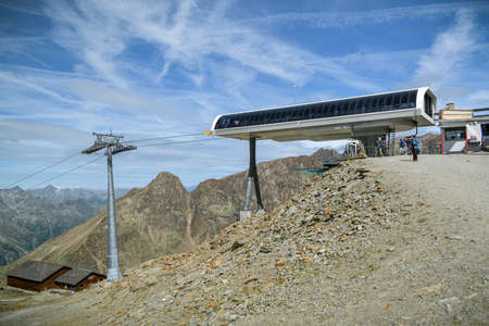 Saas-Grund, Switzerland - August 17, 2019: Top station on Hohsaas above the Saas-Grund village in Switzerland during sunny day in August 2019のeditorial素材