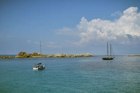 Santa Teresa Gallura, Italy - August 29, 2019: People enjoying great time on their boats close to Santa Teresa Gallura in Sardinia, Italy during sunny day in August 2019のeditorial素材