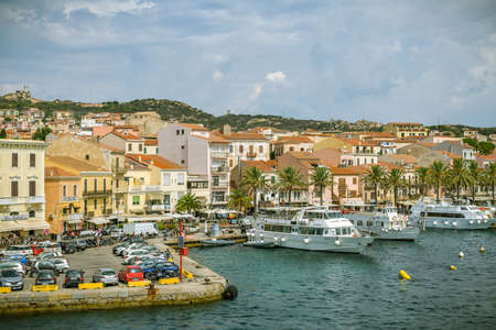 La Maddalena, Italy - August 28, 2019: View on busy seafront in La Maddalena on Sardinia in Italy during sunny summer day in August 2019のeditorial素材