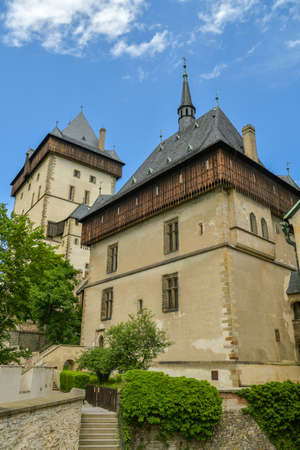 Karlstejn, Czech Republic - June 21, 2019: Two towers of Karlstejn castle in Czech Republic during beautiful day in June 2019のeditorial素材