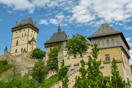 Karlstejn, Czech Republic - June 21, 2019: Beautiful view on Royal Castle of Karlstejn in Czech Republic during sunny summer day in June 2019のeditorial素材