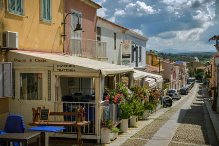 Santa Teresa Gallura, Italy - August 29, 2019: Empty street in Santa Teresa Gallura on Sardinia, Italy during still sunny day in August 2019のeditorial素材