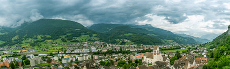 Sargans, Switzerland - June 20, 2019: Panoramic view on Sargans, small city in canton of Sankt...