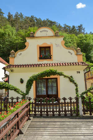 Karlstejn, Czech Republic - June 21, 2019: Old historic house in Karlstejn village in Czech Republic during sunny day in June 2019のeditorial素材
