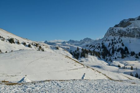 Beautiful snowy Swiss Alps as seen from Niederbauen above the Emmeten in Switzerlandの写真素材