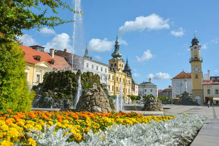 Banska Bystrica, Slovakia - August 17, 2014: Colorful flowers on SNP square in city center of Banska Bystrica in Slovakia during sunny summre day in August 2014のeditorial素材