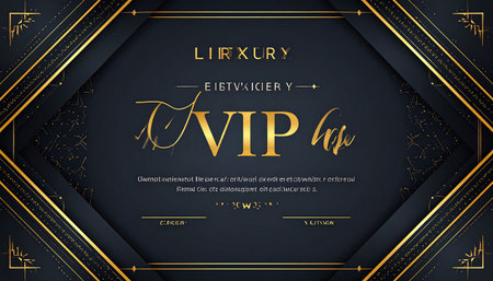 A dark background with geometric gold lines and patterns forms an ornate border. The center the word VIP in large, metallic gold lettering, with smaller gold text above and below. The overall conveys a sense of luxury and exclusivity.の素材