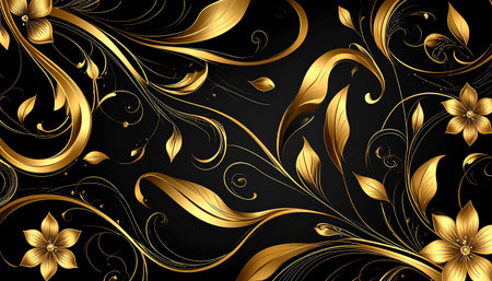 A black background is filled with intricate swirling patterns of gold leaves and stylized flowers. The gold a metallic sheen and appear to be three-dimensional, creating a rich and opulent decorative gold, floral, swirls. gold floral swirls and leaves on black backgroundの素材