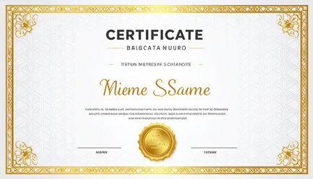 A certificate template with a thick gold border featuring geometric patterns and ornate corner embellishments. The background is white with a subtle embossed geometric pattern. The text "CERTIFICATE" is prominent in black, with smaller text below. A decorative gold seal is centered near the bottom.の素材