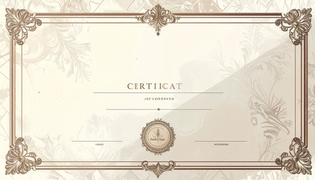 A certificate or diploma template with a decorative ornate border in shades of gold and beige. The border intricate floral and botanical motifs in the corners and along the edges. The center of the document is a light cream color with blank lines for text and a circular seal with floral The background has a subtle, faded floral pattern.の素材