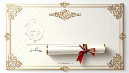 A white certificate with ornate gold decorative on the corners and center. A rolled white scroll tied with a red ribbon and gold string is placed horizontally across the lower half of the certificate. The certificate has a subtle diamond pattern in the background and a circular embossed seal on the left side.の素材