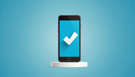 A black smartphone is centered on a white circular platform against a gradient blue background. The phone's screen a bright blue color with a large, white, three-dimensional checkmark symbol casting a shadow.の素材