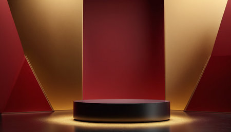 A dark, circular podium sits on a surface covered in gold glitter. The background a geometric arrangement of red and gold panels, creating a sense of depth and luxury. The lighting highlights the textures and shapes, casting a warm glow on the glitter.の素材