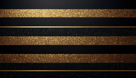 Horizontal stripes of gold glitter alternate with black textured stripes. Thin, continuous gold lines separate some of the stripes, creating a layered effect. The overall impression is one of luxury and glamour.の素材
